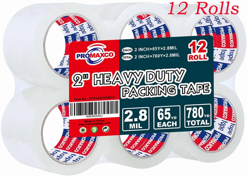 Heavy Duty Packing Tape 12 Rolls, Clear, 2.8 mil, 65 Yards x 1.88 inch, Total 780Y, Ultra Strong, Refill for Packaging and Shipping