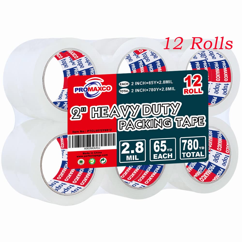 Heavy Duty Packing Tape 12 Rolls, Clear, 2.8 mil, 65 Yards x 1.88 inch, Total 780Y, Ultra Strong, Refill for Packaging and Shipping