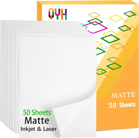 QYH Printable Vinyl Sticker Paper, 50 Sheets Matte Waterproof White 8.5x11