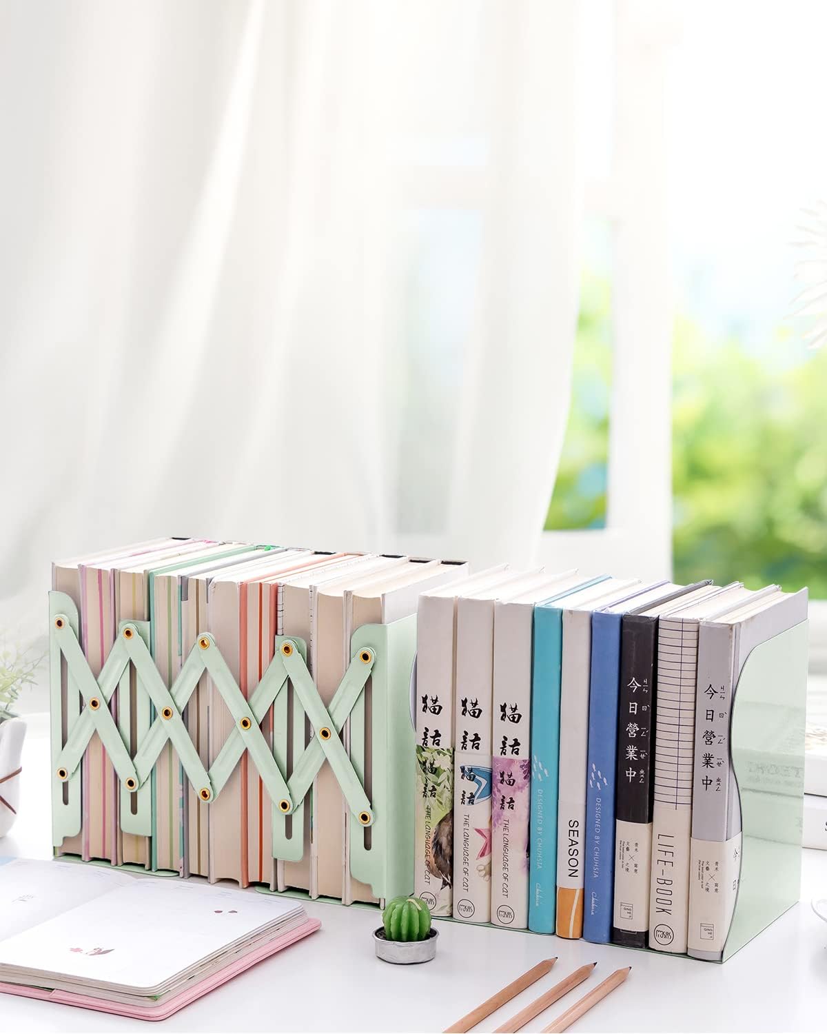 MSDADA Adjustable Bookends, Book Ends for Heavy Books, Expandable Book Organizer for Desk, Shelf, Office, School, for 6 7 8 9 10 11-15 Boys and Girls, Extends up to 19 inches (Macaron Green)