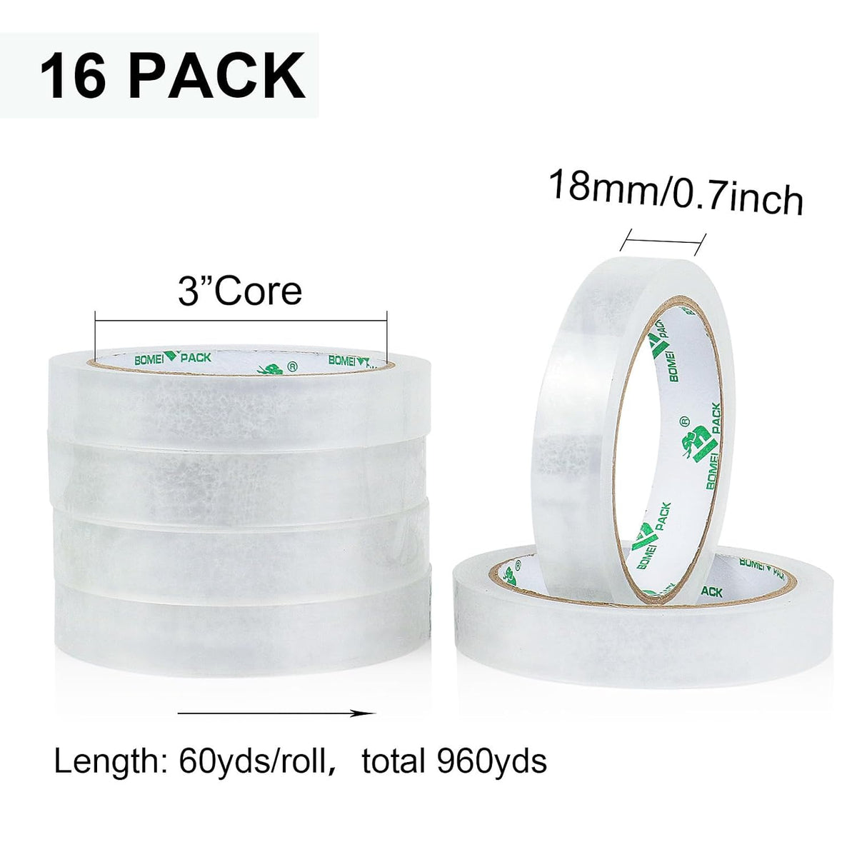BOMEI PACK 16Rolls Clear Tape Refills for Dispenser, Transparent Gift Wrap Tape 3inch Core for Home, School and Office, 3/4inch x 60yds