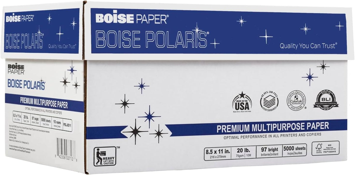 Boise POLARIS Premium Multi-Use Printer & Copy Paper, 10 Reams, White, Letter (8.5inx11in), 5000 Sheets Per Case, 20 Lb, 97 Brightness, FSC Certified