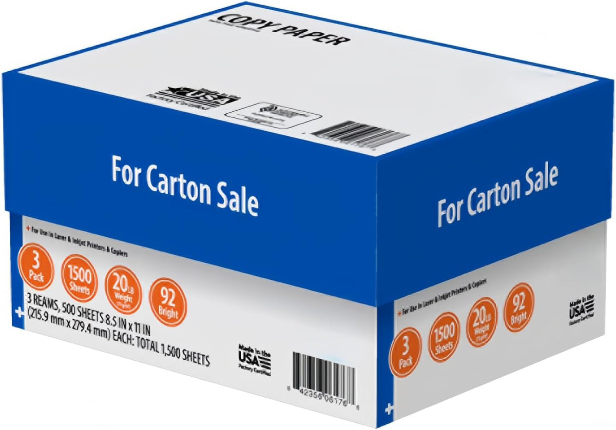 8.5x11 Printer Paper 3 Ream Case 20lb 92 Bright 1500 Sheets