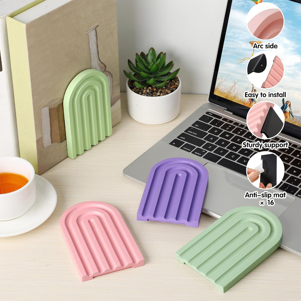 Harloon 4 Pcs Boho Arch Bookends Rainbow Wooden Book Ends, Pastel Color