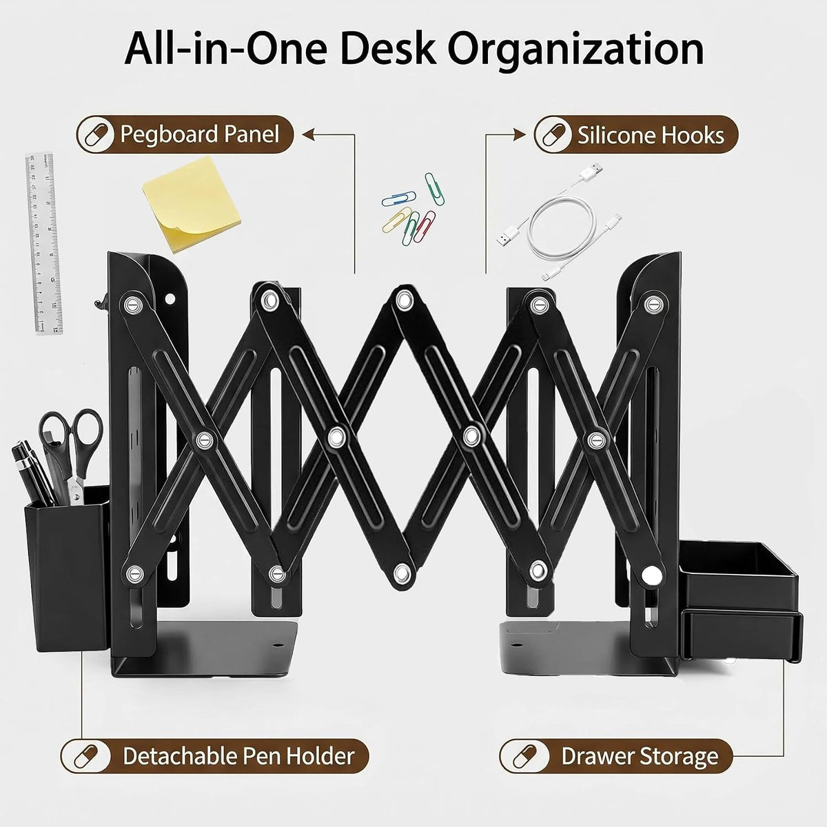 Heavy Duty Expandable Bookends with Pen Holder, Metal Adjustable Book Ends for Shelves 4 to 18 Inches, Multi-Functional Desk Organizer with Pegboard, Hooks, and Drawer Storage for Office, School