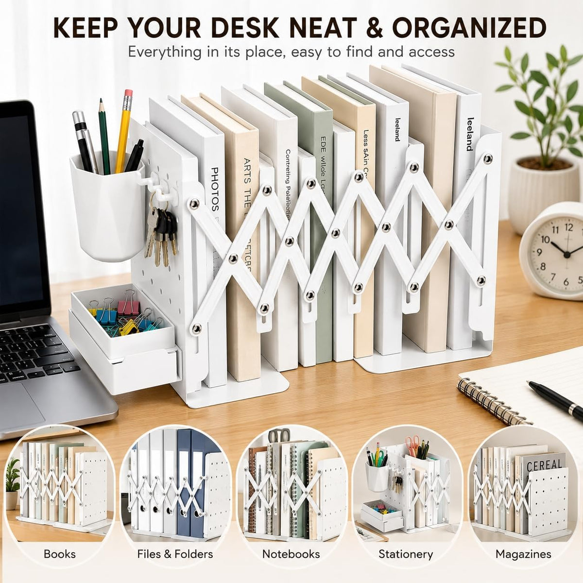 Expandable Metal Bookends Desk Organizer with Pen Holder, Sliding Drawer and Hooks, Adjustable Book End Shelf for Books, Binders, Files, Office, Classroom, Home Desk, White