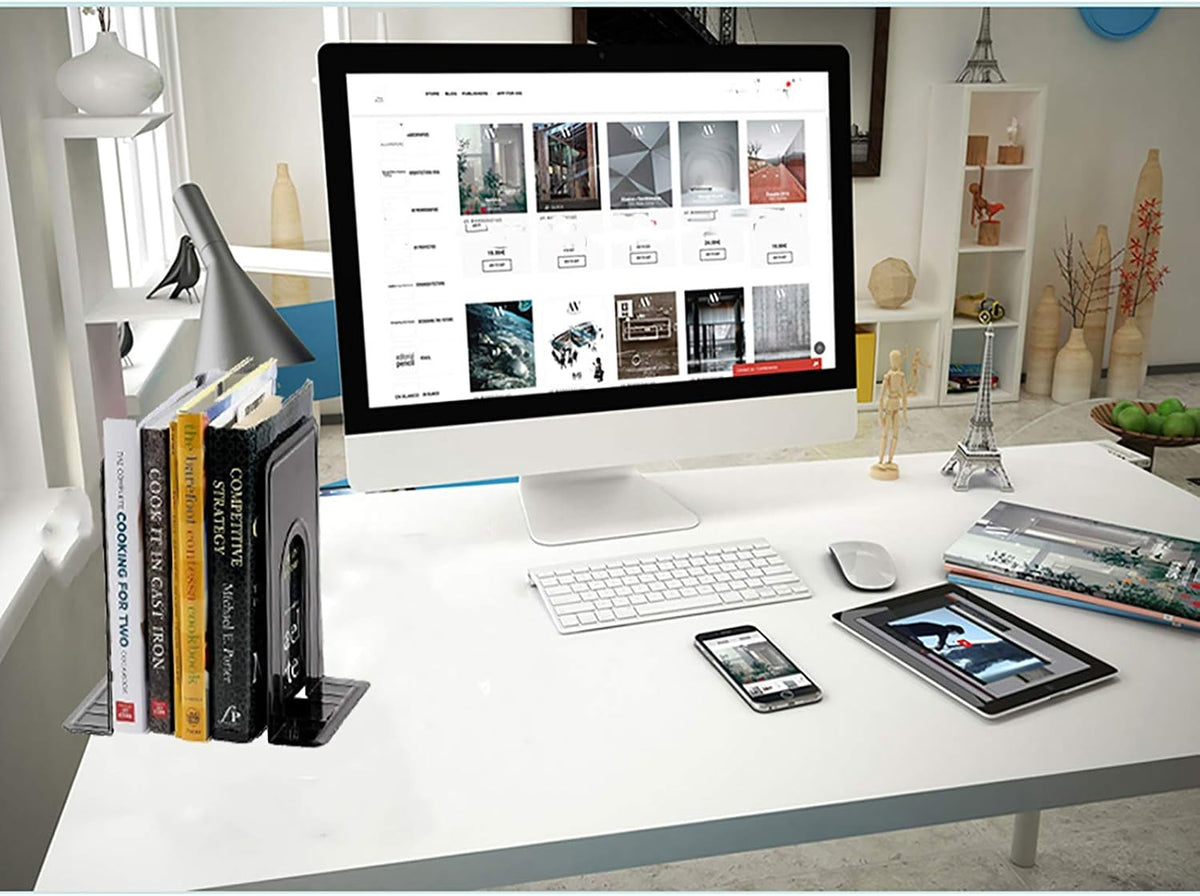 Metal Book Ends for Shelves, Book Shelf Holder Home Decorative, Book Ends for Heavy Books/Movies/CDs, Black 6.5 x 5 x 5.7 in, 4 Pair/ 8 Piece