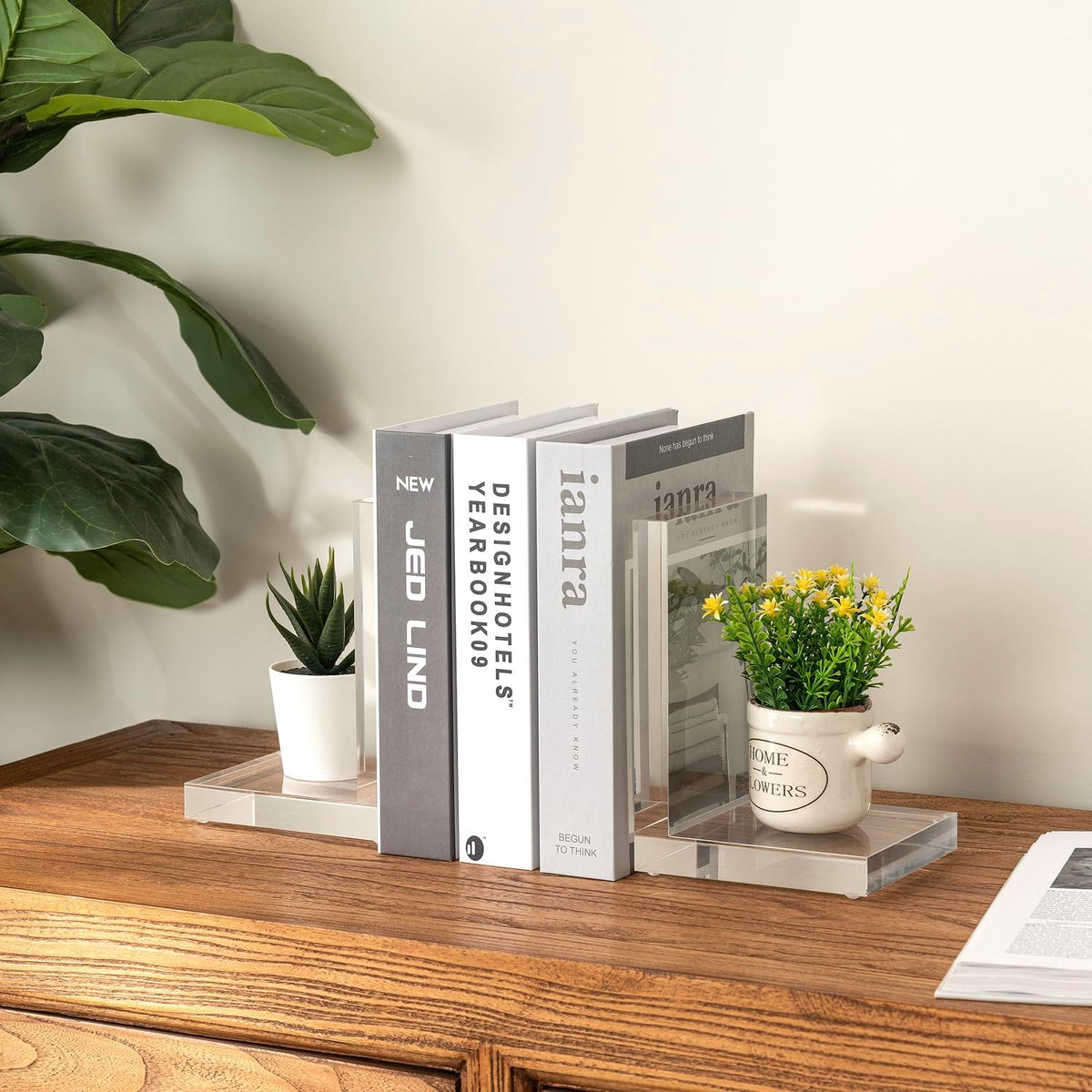 MyGift L-Shaped Decorative Bookends, Transparent Heavy Duty Non-Skid Book Ends Stopper for Shelves Home Office School, 1 Pair, Premium Hotel Style Clear Thick Acrylic