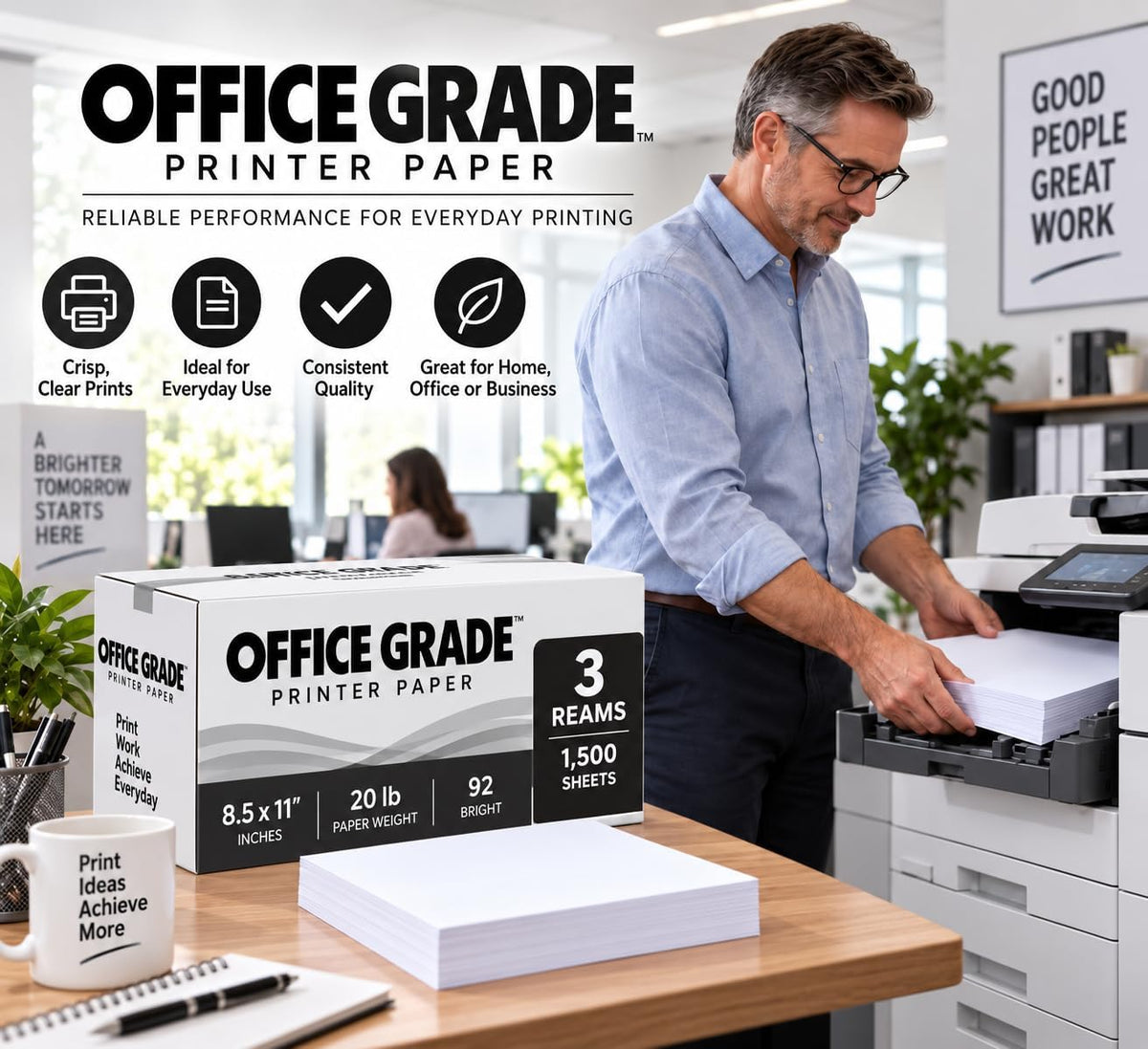 Printer Paper Office Grade 8.5 x 11 | 20 lb Copy Paper | 92 Bright | 3 Reams | 1,500 Sheets
