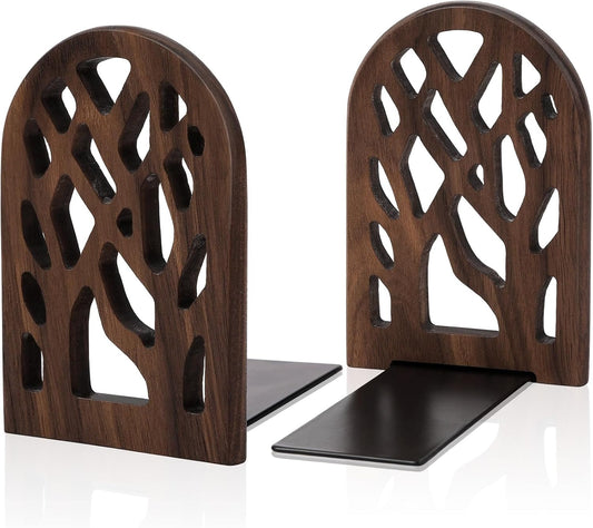 2 Pieces Wood Tree Book Ends for Shelves Non-Skid Heavy Bookends