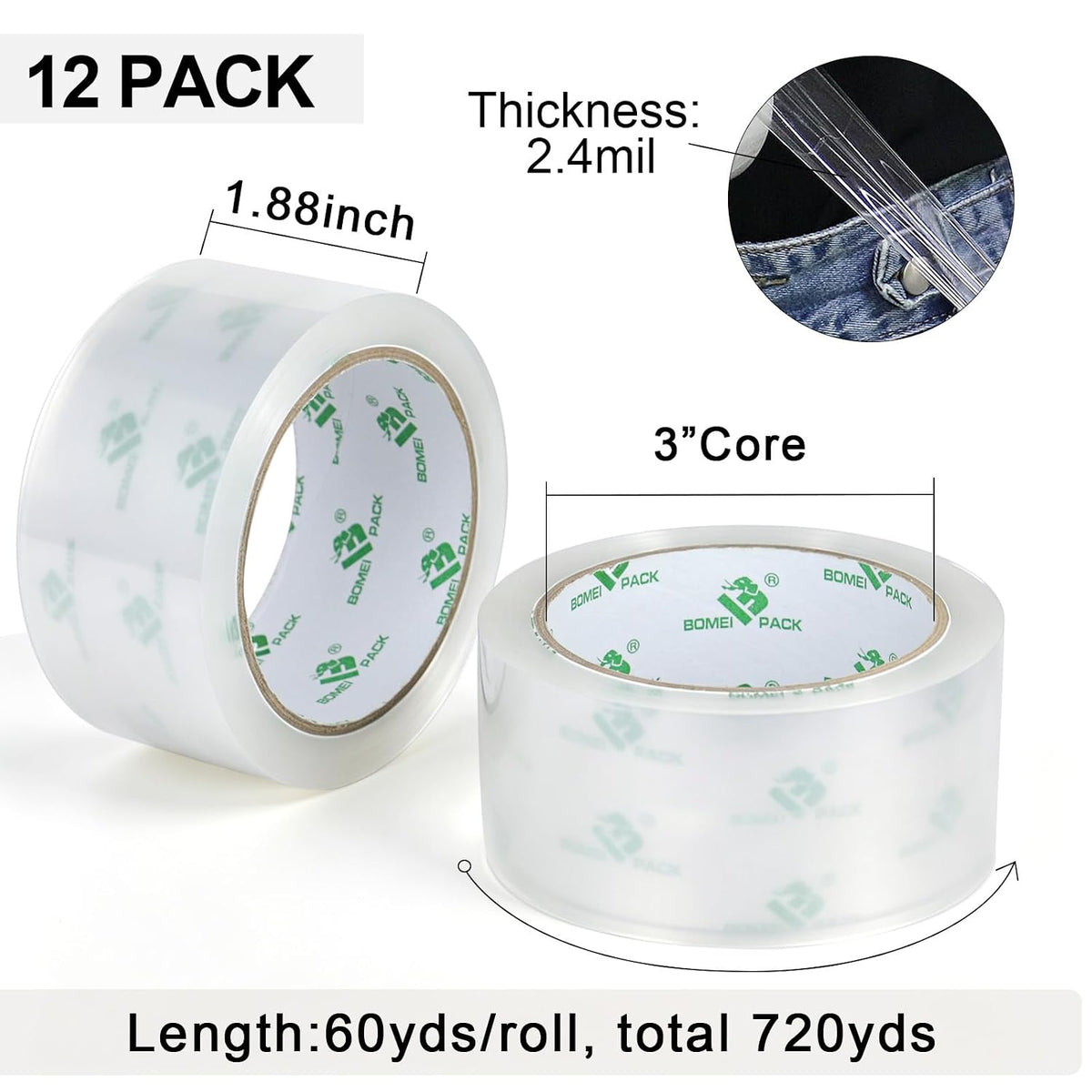 BOMEI PACK 12 Rolls Clear Packing Tape Rolls with Free Dispenser, Heavy Duty Refill Tape for Shipping Moving and Packaging, 2.4Mil 1.88 Inch x 60 Yard