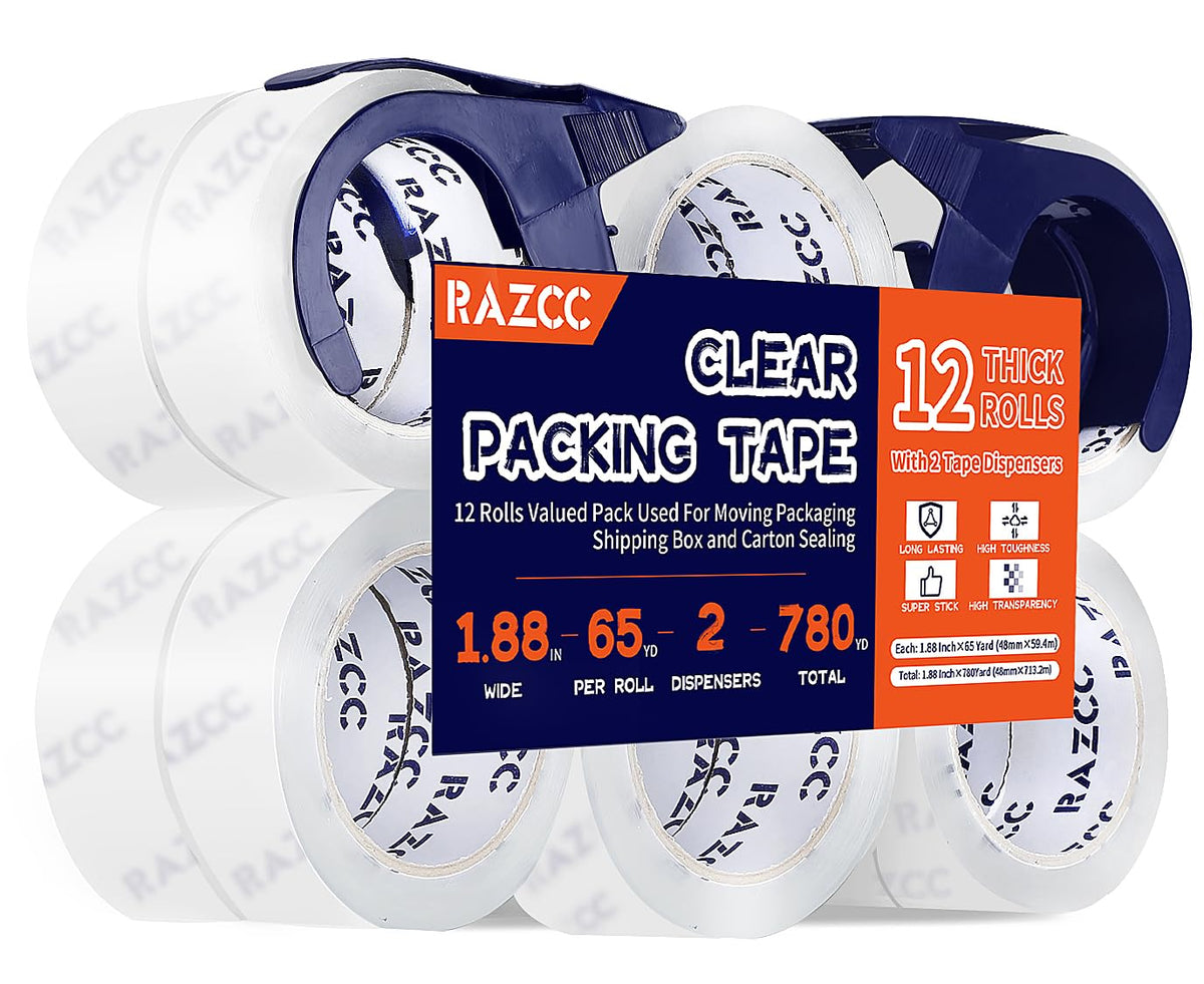 RAZCC Clear Packing Tape, 12 Rolls Heavy Duty Packaging Tape with Dispensers for Packing Shipping Moving and Sealing, Thicker Packing Tape-2" x 65 Yards Per Roll, 780 Total Yards
