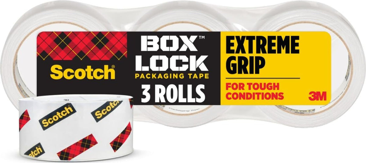 Scotch Box Lock Packing Tape, Clear, Extreme Grip Box Packaging Tape for Shipping and Mailing, 1.88 in. x 54.6 yd, 3 Refill Rolls