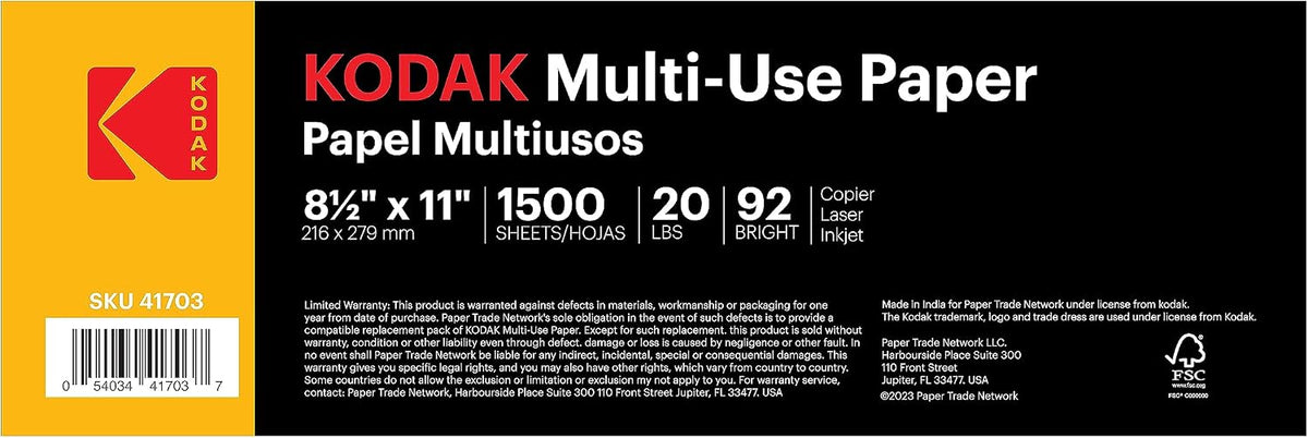 Kodak Printer Paper 8.5 x 11 | 20 lb Copy Paper 92 Bright | 3 Reams | 1,500 Sheets