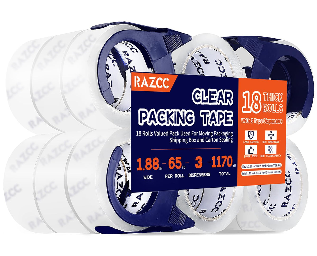 RAZCC Clear Packing Tape, 12 Rolls Heavy Duty Packaging Tape with Dispensers for Packing Shipping Moving and Sealing, Thicker Packing Tape-2" x 65 Yards Per Roll, 780 Total Yards