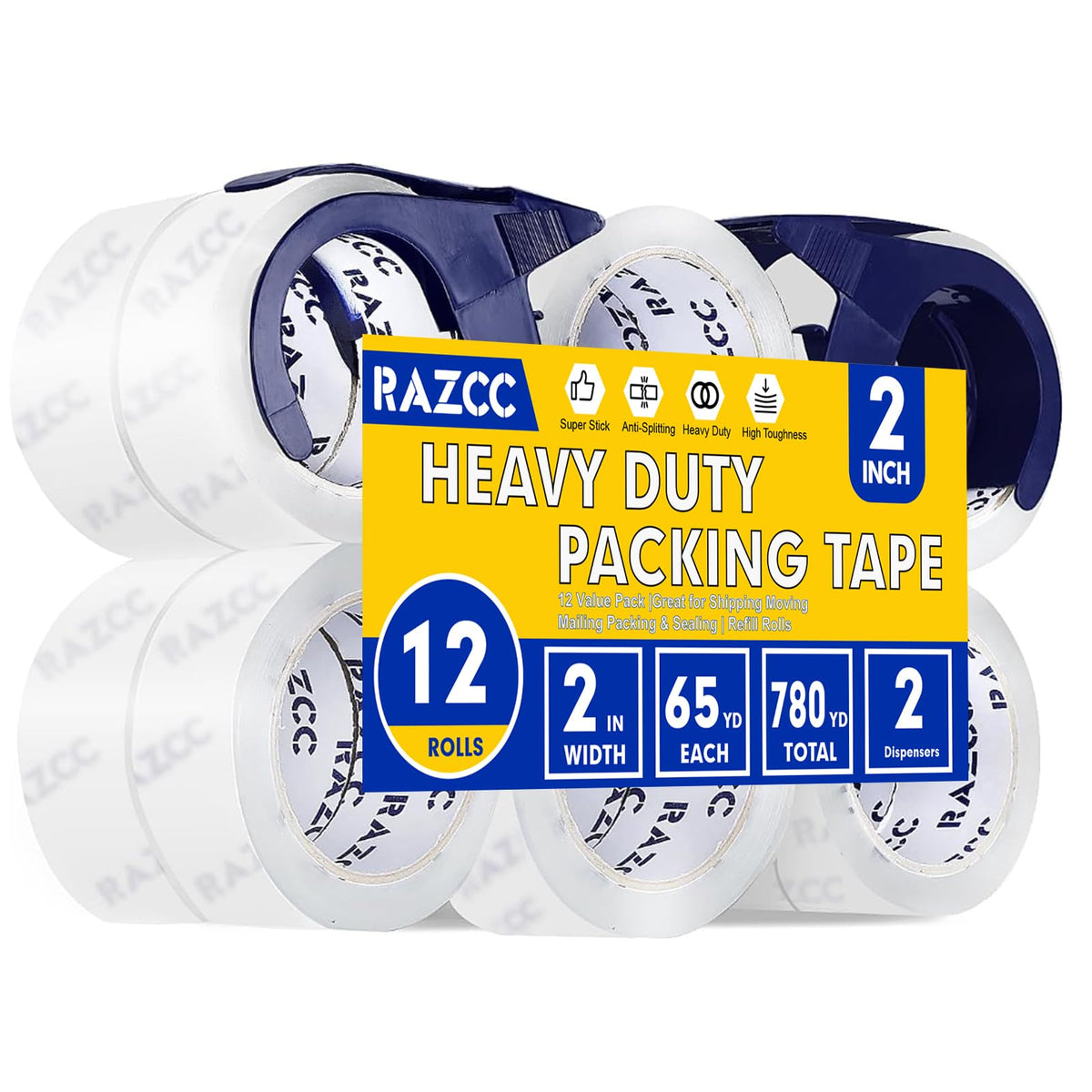 RAZCC Clear Packing Tape, 12 Rolls Heavy Duty Packaging Tape with Dispensers for Packing Shipping Moving and Sealing, Thicker Packing Tape-2" x 65 Yards Per Roll, 780 Total Yards