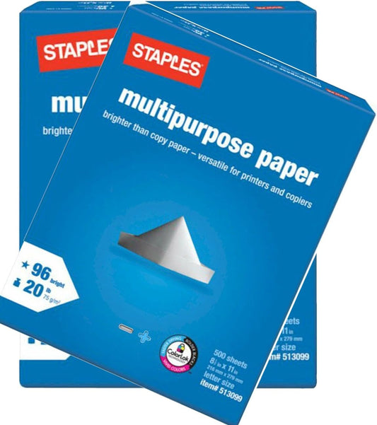 2 Pack: Staples Multipurpose Copy Fax Laser Inkjet Printer Paper, 8 1/2 Inch X 11 Letter Size, 20 Lb., 96 Bright White, Acid Free, Ream, 500 Sheets Each (1,000 Sheets Total)
