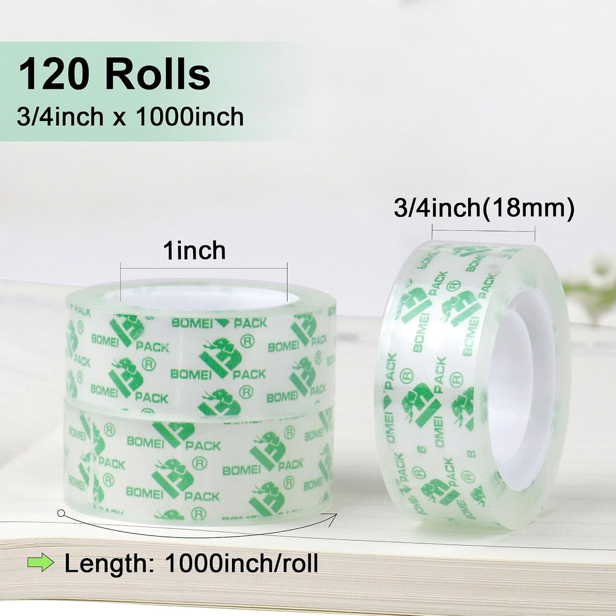 BOMEI PACK 120 Rolls Clear Tape Refills Roll Transparent Tape Refill Rolls for Office, Home, School, 3/4-Inch x 1000 inch