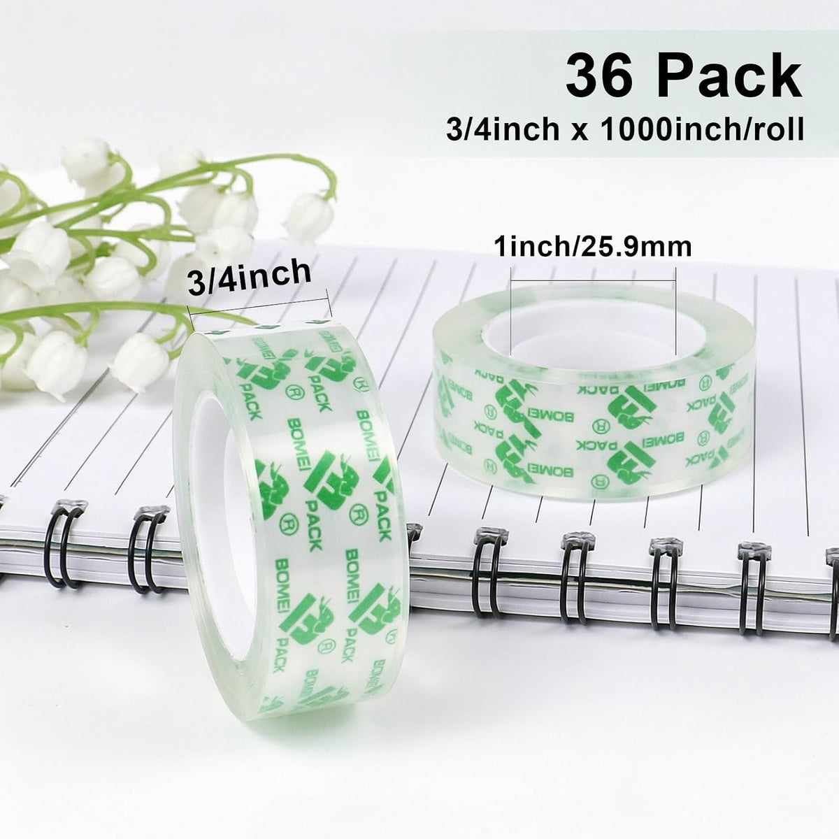BOMEI PACK 36Rolls Crystal Clear Tape for Gift Wrapping, Transparent Tape Refills for Dispenser, Office Tape for Home and School, 3/4Inch x 1000 inch