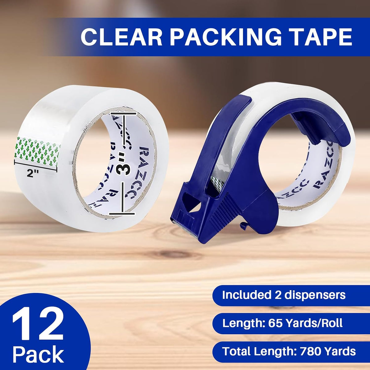 RAZCC Clear Packing Tape, 12 Rolls Heavy Duty Packaging Tape with Dispensers for Packing Shipping Moving and Sealing, Thicker Packing Tape-2" x 65 Yards Per Roll, 780 Total Yards