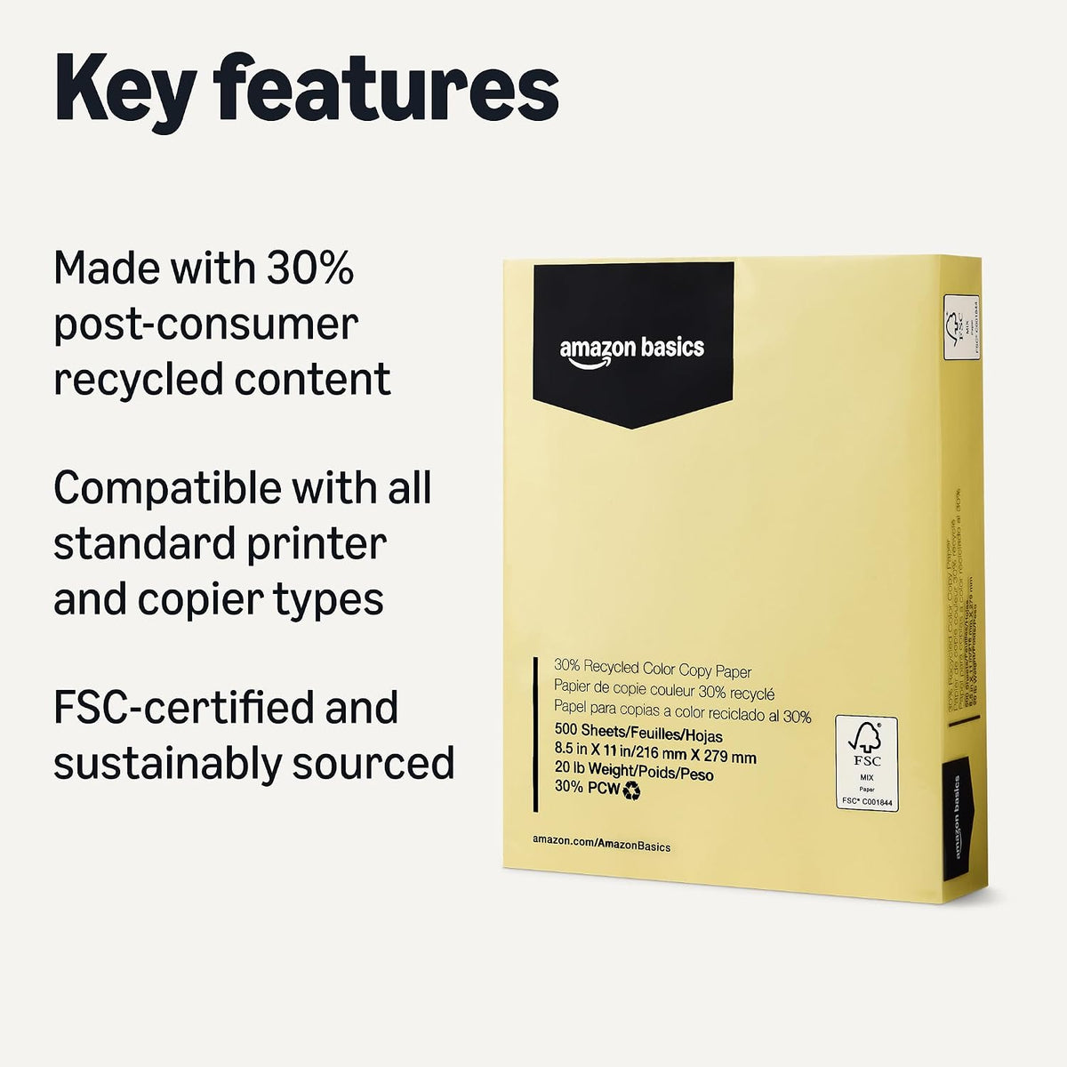 Amazon Basics 30% Recycled Color Copy Paper, 8.5" x 11", 20lb, Pastel Canary, 500 Sheets (Pack of 2)