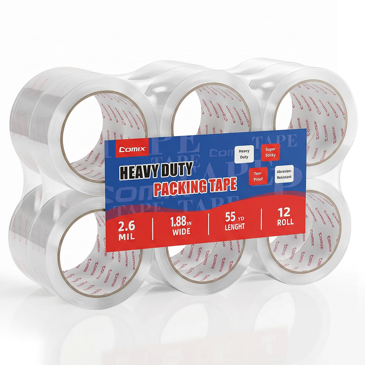 Comix Clear Packing Tape Refills,Heavy Duty,12 Rolls,1.88" x 54.6 yd