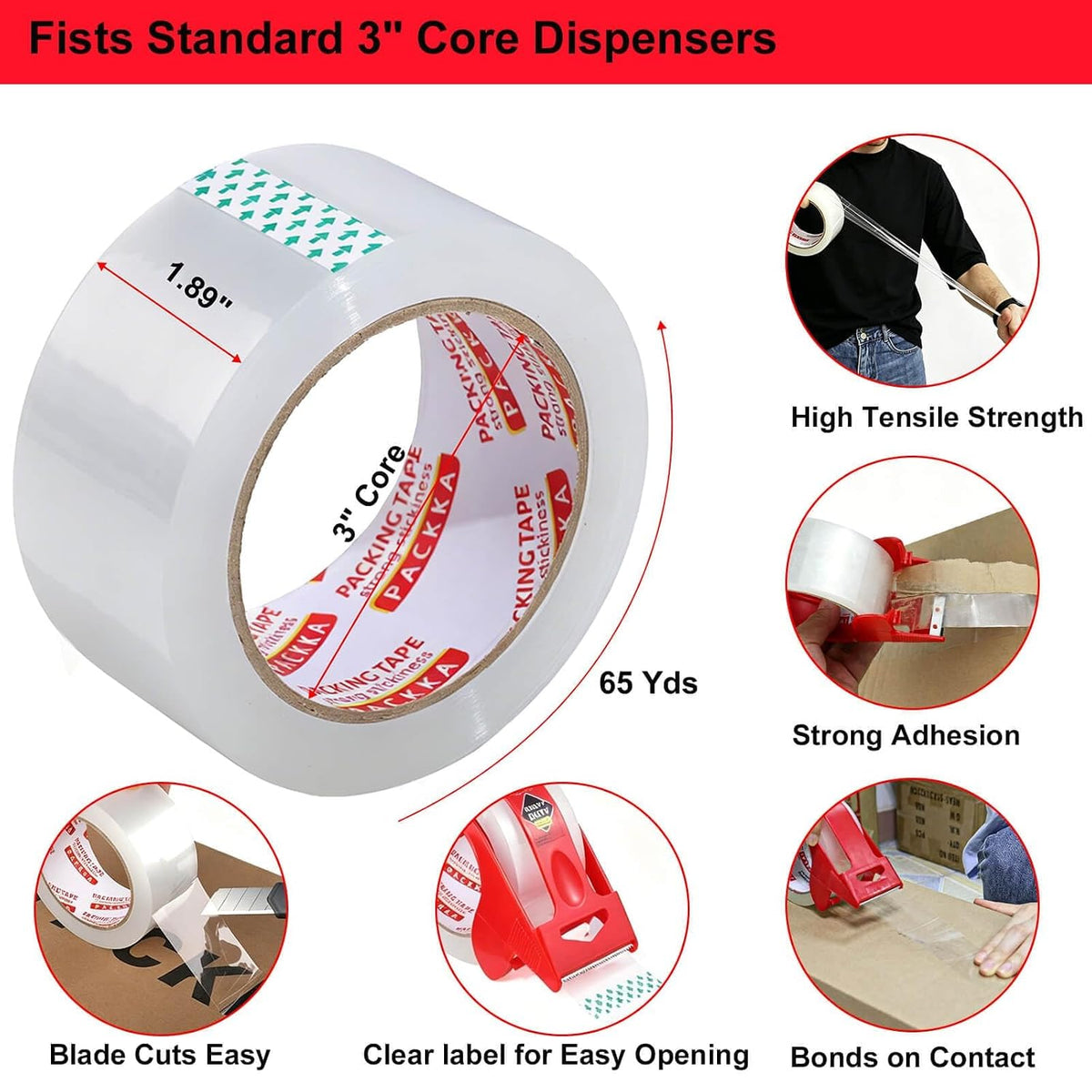 Heavy Duty Clear Packing Tape, 12 Rolls with Dispenser & Knife