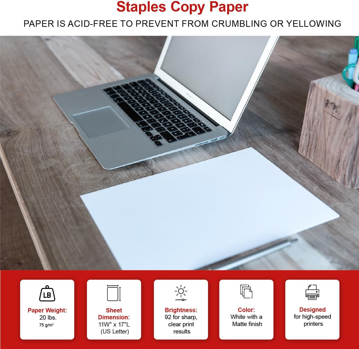 Staples Copy Paper, 11x17 Inch Ledger Size, 92 Brightness, 20 lb., 500/Ream