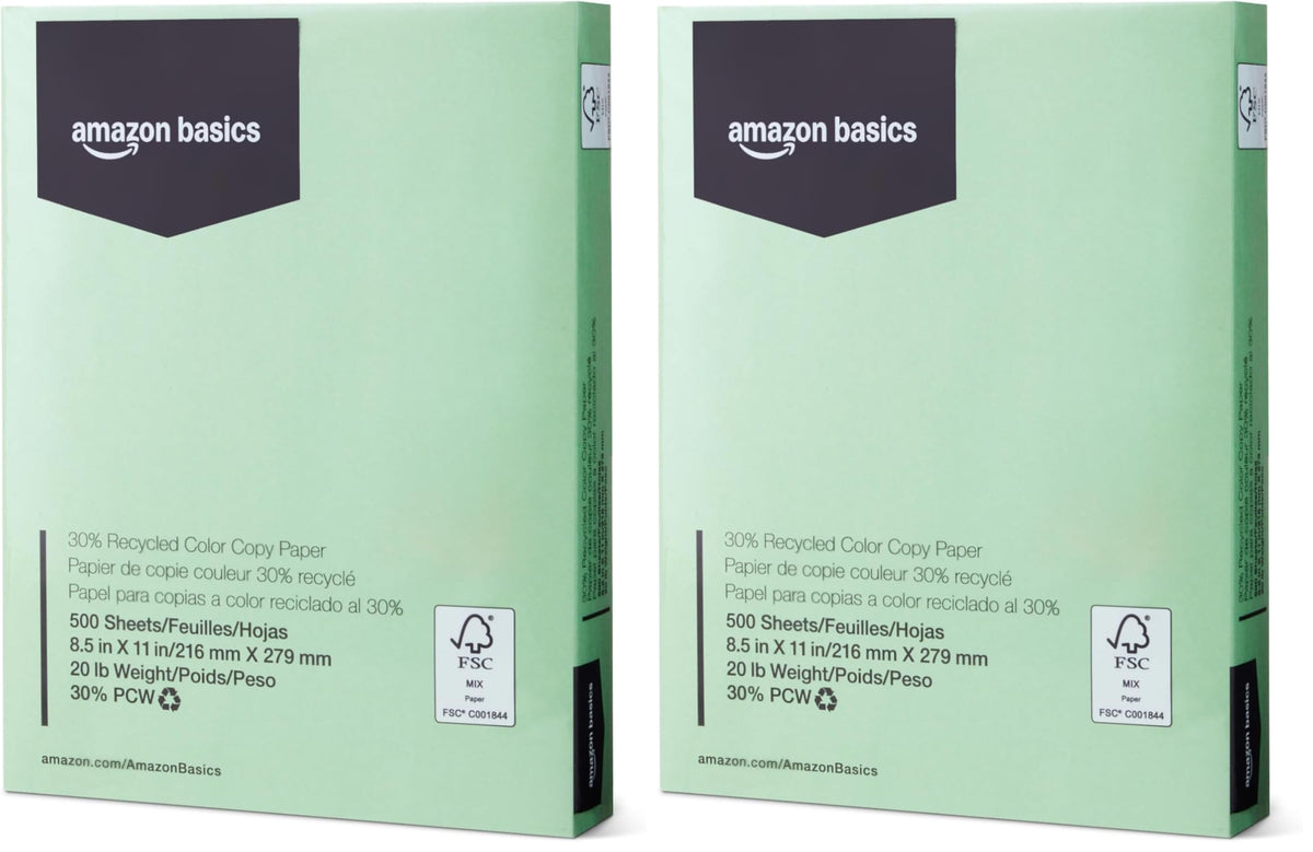 Amazon Basics 30% Recycled Color Copy Paper, 8.5" x 11", 20lb, Pastel Blue, 500 Sheets (Pack of 3)