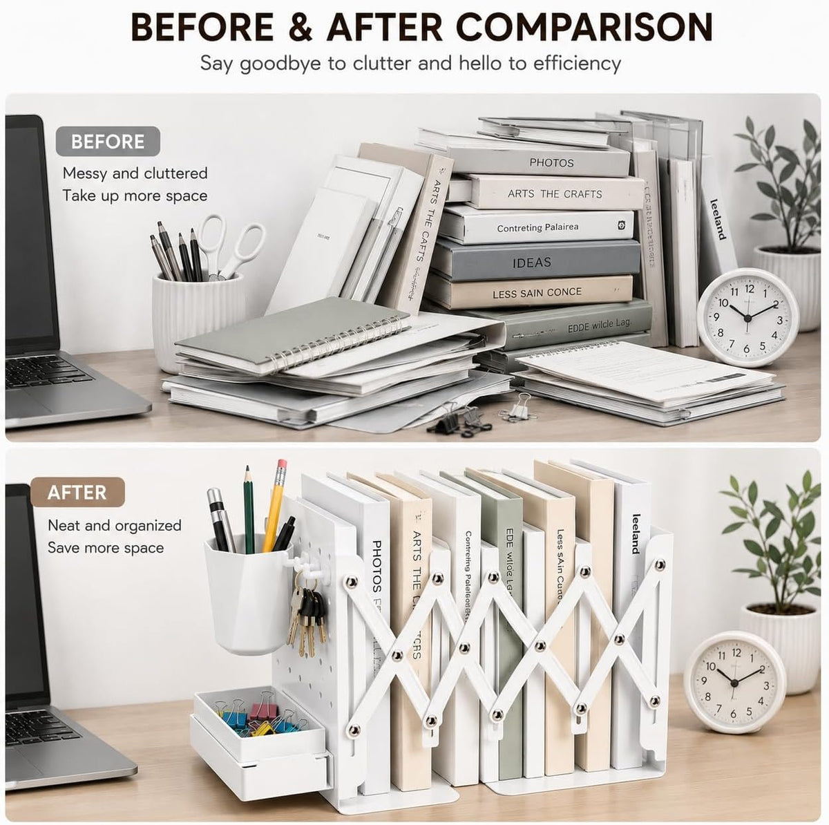 Expandable Metal Bookends Desk Organizer with Pen Holder, Sliding Drawer and Hooks, Adjustable Book End Shelf for Books, Binders, Files, Office, Classroom, Home Desk, White