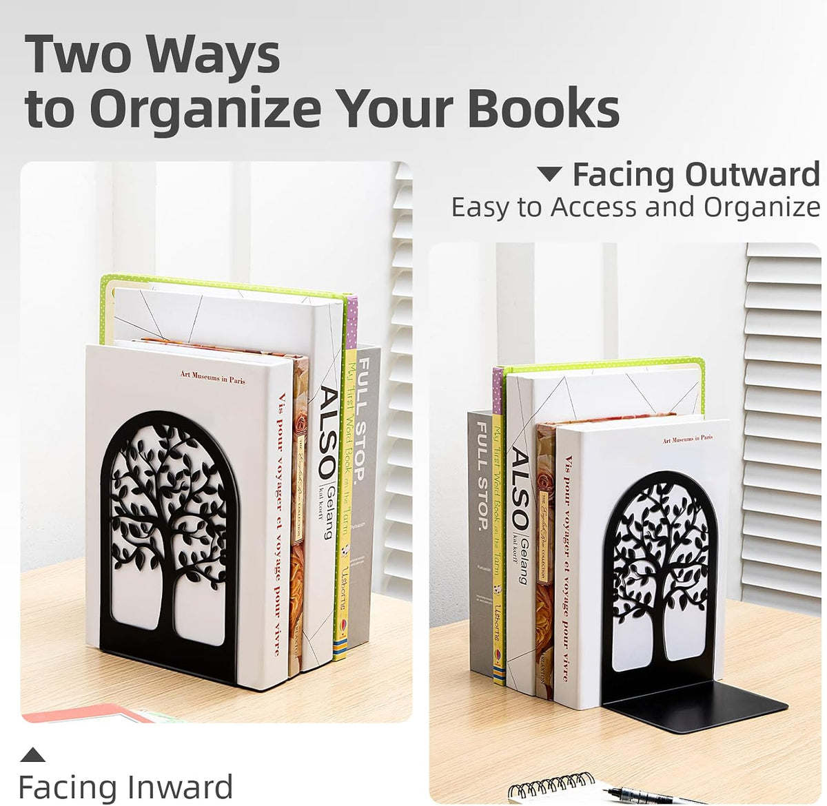HappyHapi 3 Pair Book Ends, Metal Bookends for Shelves, Decorative Bookends