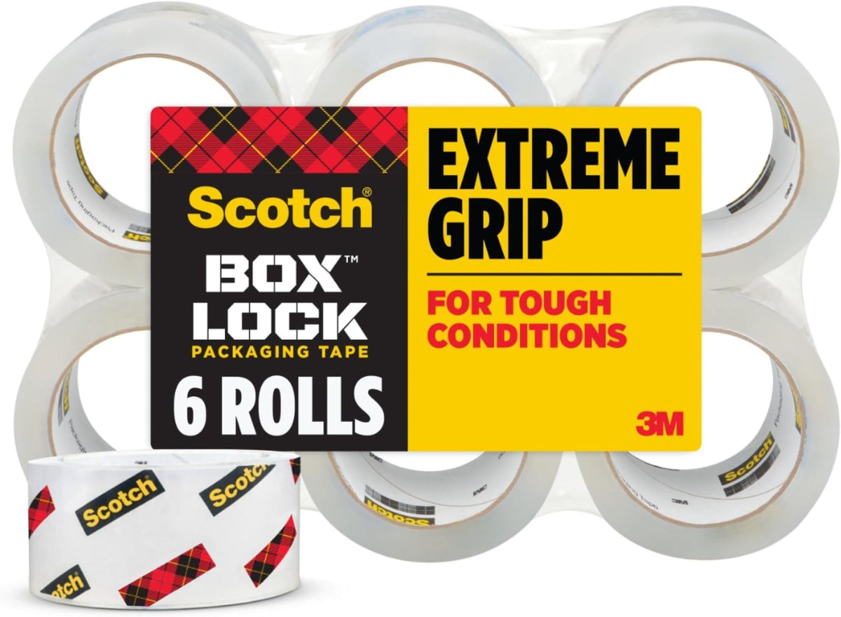 Scotch Box Lock Packing Tape, Clear, Extreme Grip Box Packaging Tape for Shipping and Mailing, 1.88 in. x 54.6 yd, 3 Refill Rolls