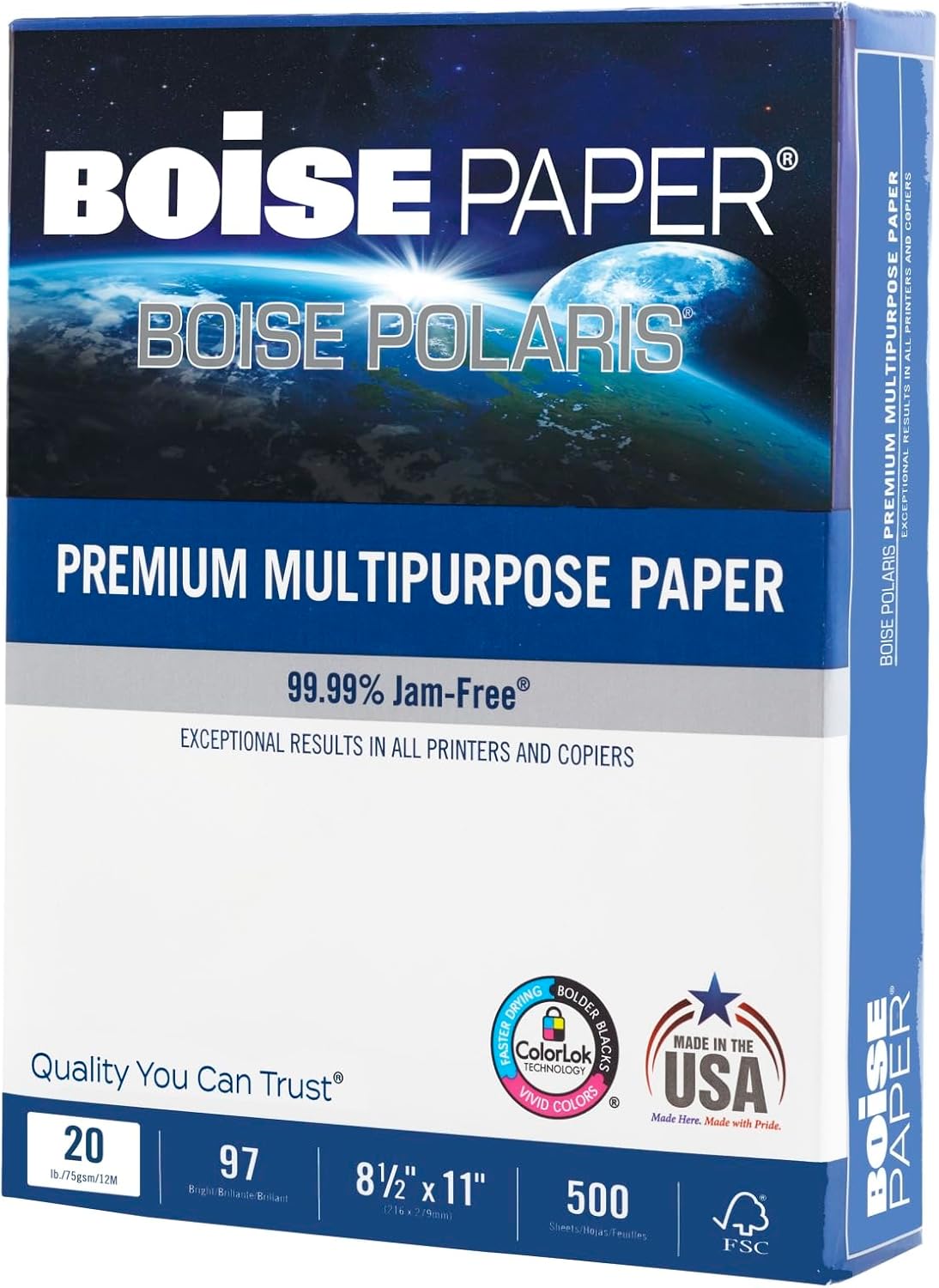 Boise POLARIS Premium Multi-Use Printer & Copy Paper, 10 Reams, White, Letter (8.5inx11in), 5000 Sheets Per Case, 20 Lb, 97 Brightness, FSC Certified