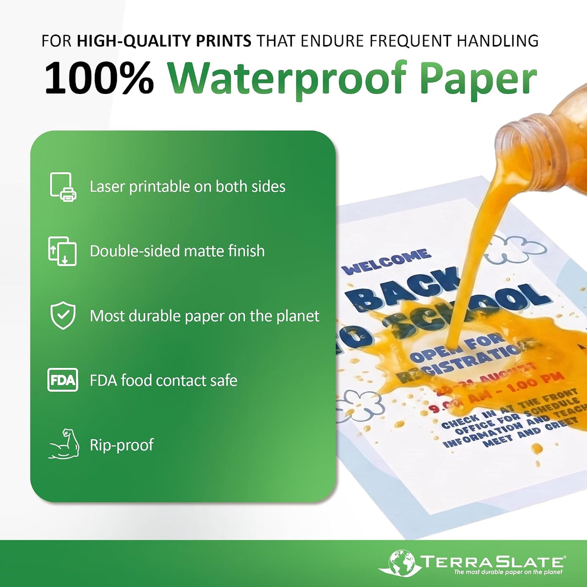 TerraSlate Waterproof Laser Printer Paper, 10 Mil 8.5" x 11", Bulk Copy Paper, White (500 Sheets)