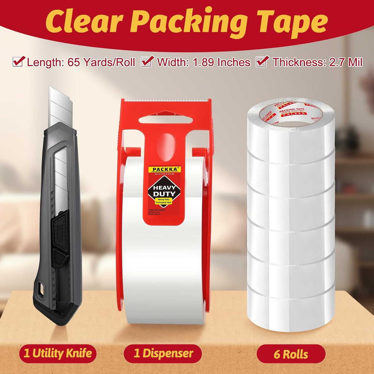 Heavy Duty Clear Packing Tape, 12 Rolls with Dispenser & Knife