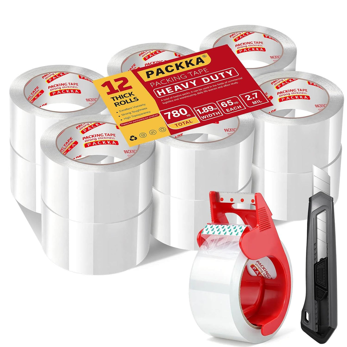 Heavy Duty Clear Packing Tape, 12 Rolls with Dispenser & Knife