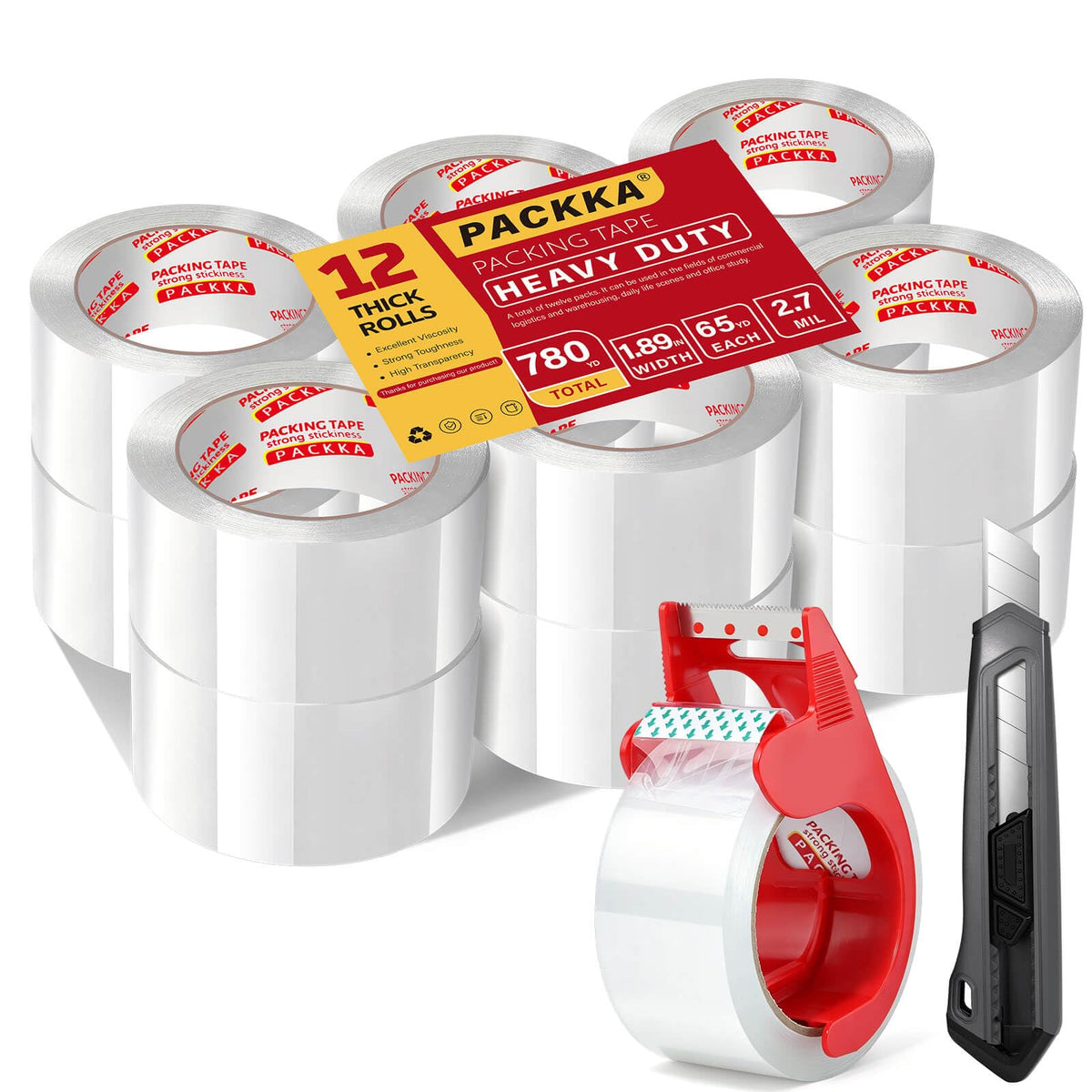 Heavy Duty Clear Packing Tape, 12 Rolls with Dispenser & Knife