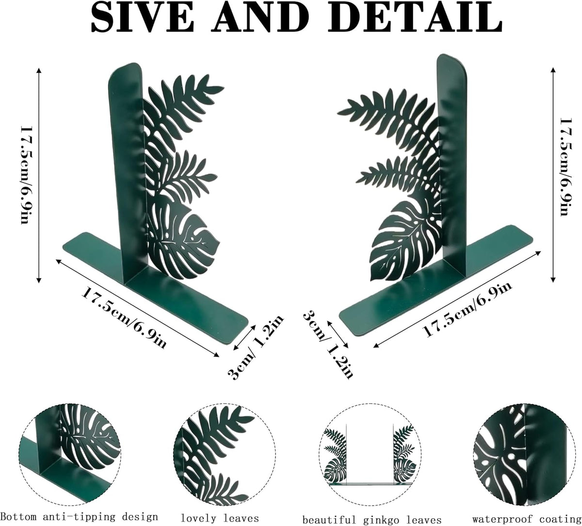 Green Leaf Metal Bookends, Cute Unique Botanical Plant Decorative Book Ends for Bookshelf Office Living Room Reading Room Kitchen Guest Room, Nature Tropical Jungle Hawaii Home Decor