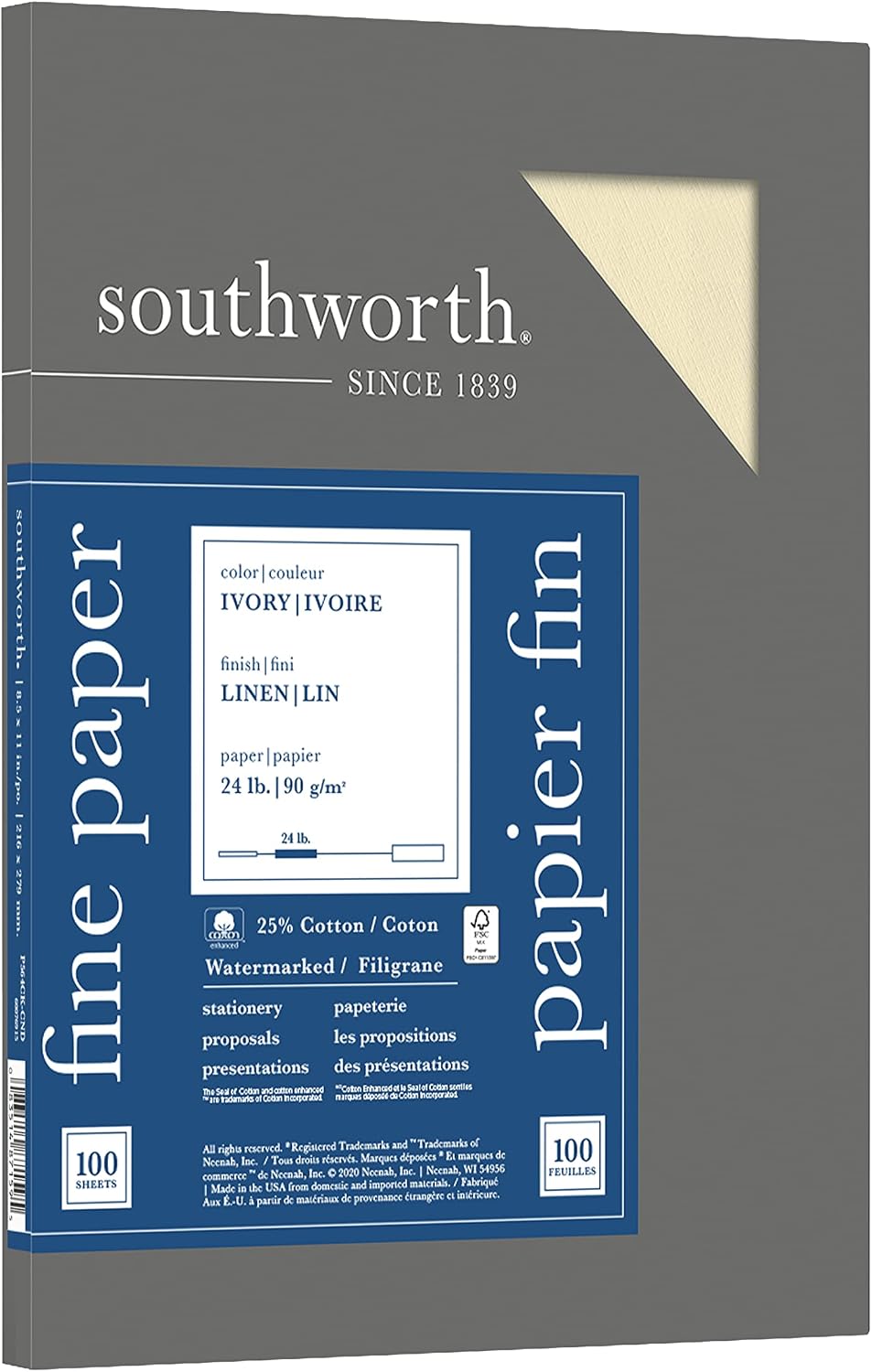 Southworth 25% Cotton Business Paper, 8.5” x 11", 24 lb/90 gsm, Linen Finish, White, 100 Sheets - Packaging May Vary (P554CK)