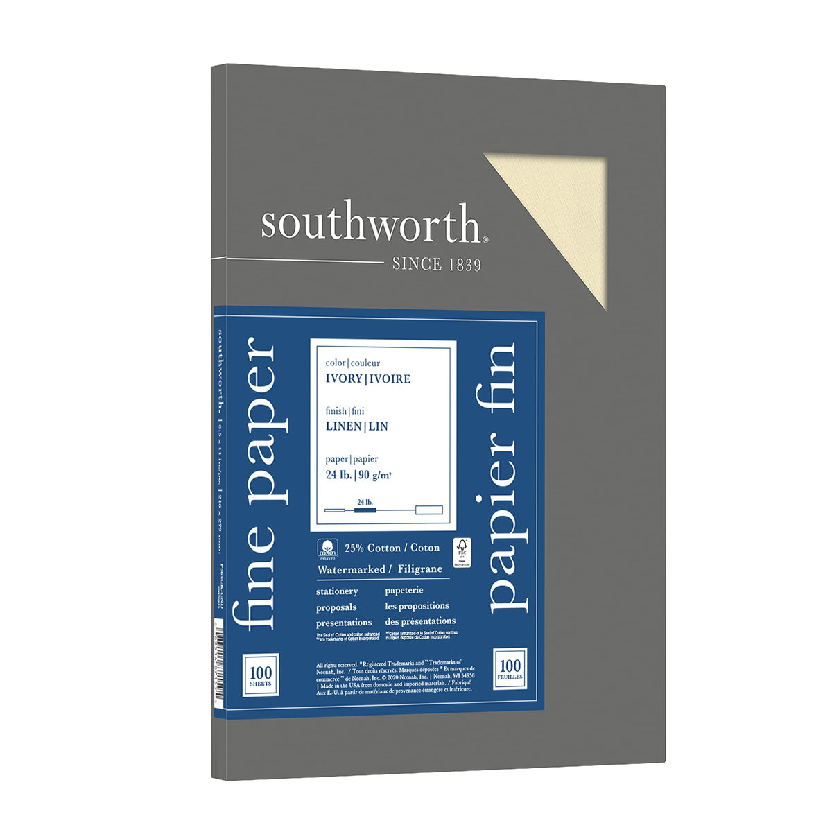 Southworth 25% Cotton Business Paper, 8.5” x 11", 24 lb/90 gsm, Linen Finish, White, 100 Sheets - Packaging May Vary (P554CK)