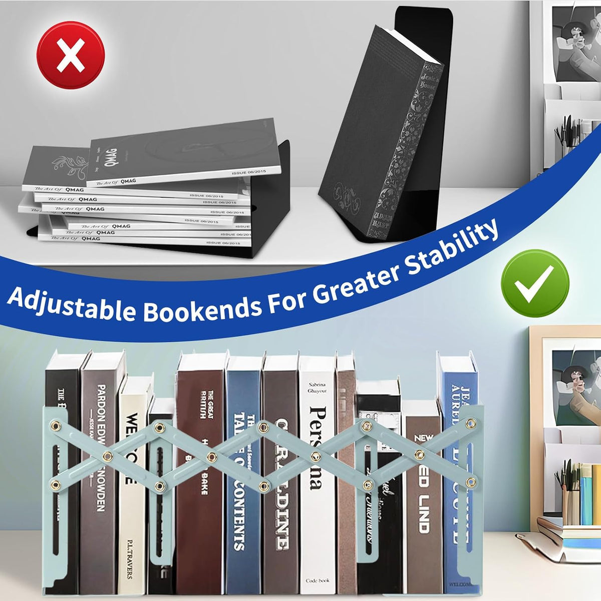 Cat Bookends, Adjustable Metal Book Ends for Shelves Decorative Gift