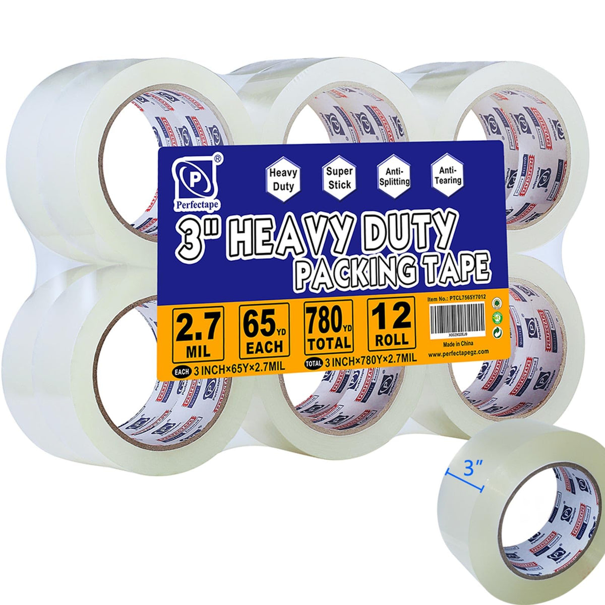 PERFECTAPE 3" Heavy Duty Packing Tape 6 Rolls, Total 390Y, Clear, 2.7 mil, 3 inch x 65 Yards, Ultra Strong, Refill for Packaging and Shipping(3" Width, not 2" Width)
