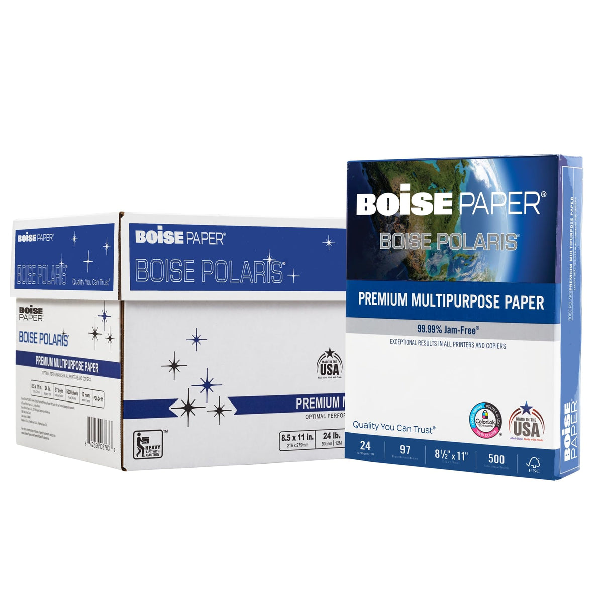 Boise POLARIS Premium Multi-Use Printer & Copy Paper, 10 Reams, White, Letter (8.5inx11in), 5000 Sheets Per Case, 20 Lb, 97 Brightness, FSC Certified