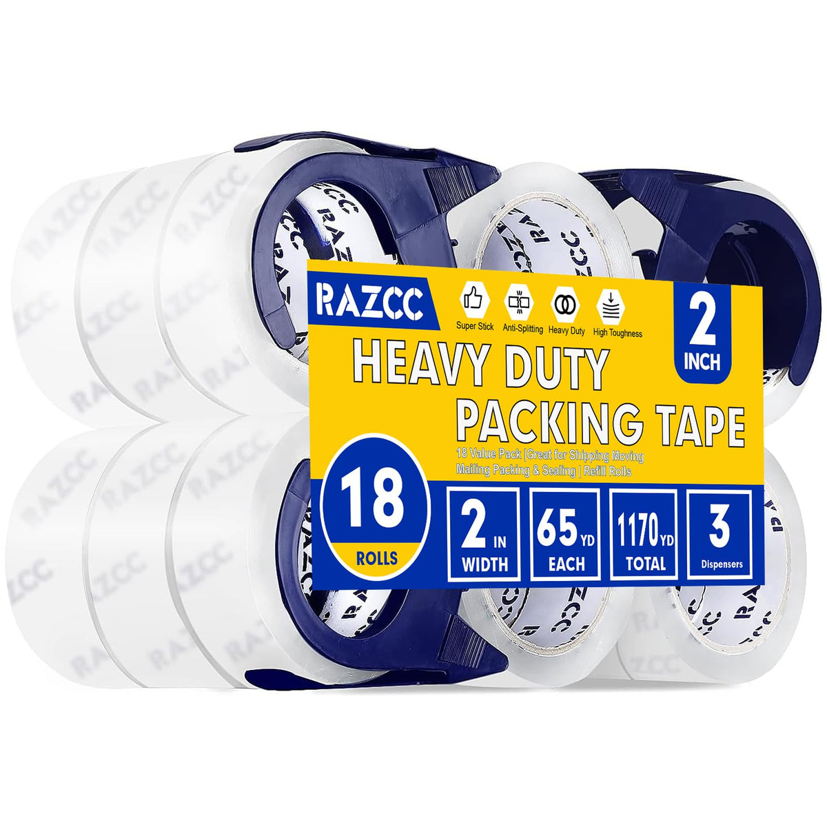 RAZCC Clear Packing Tape, 12 Rolls Heavy Duty Packaging Tape with Dispensers for Packing Shipping Moving and Sealing, Thicker Packing Tape-2" x 65 Yards Per Roll, 780 Total Yards