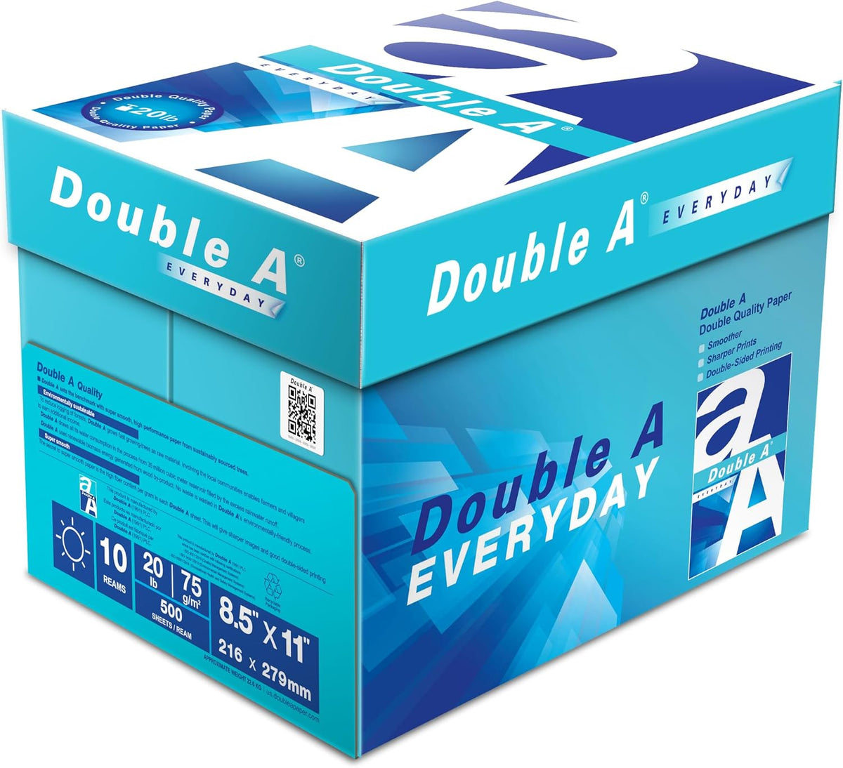Double A Everyday Multipurpose Copy Printer Paper, Letter Size 8.5" x 11", 96 Brightness, 20 lb, 10 Reams (5000 Sheets)