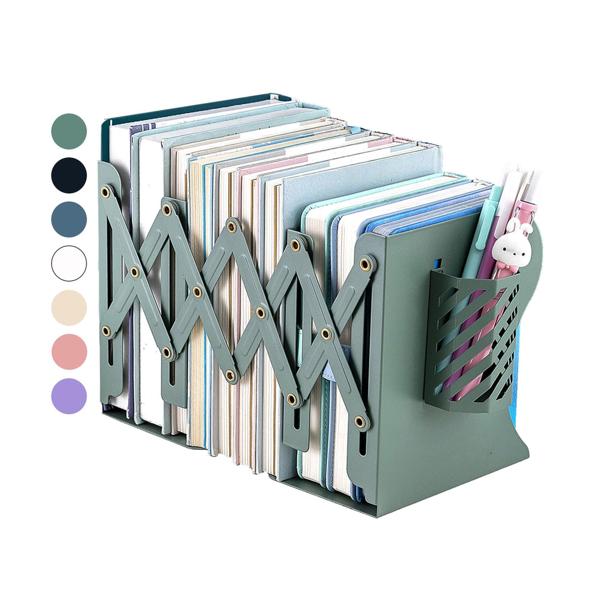 Kingsmile Book Ends, Adjustable Heavy Duty Metal Book Stoppers with Pen Holder for Desk Office Library Kids Room(Black)