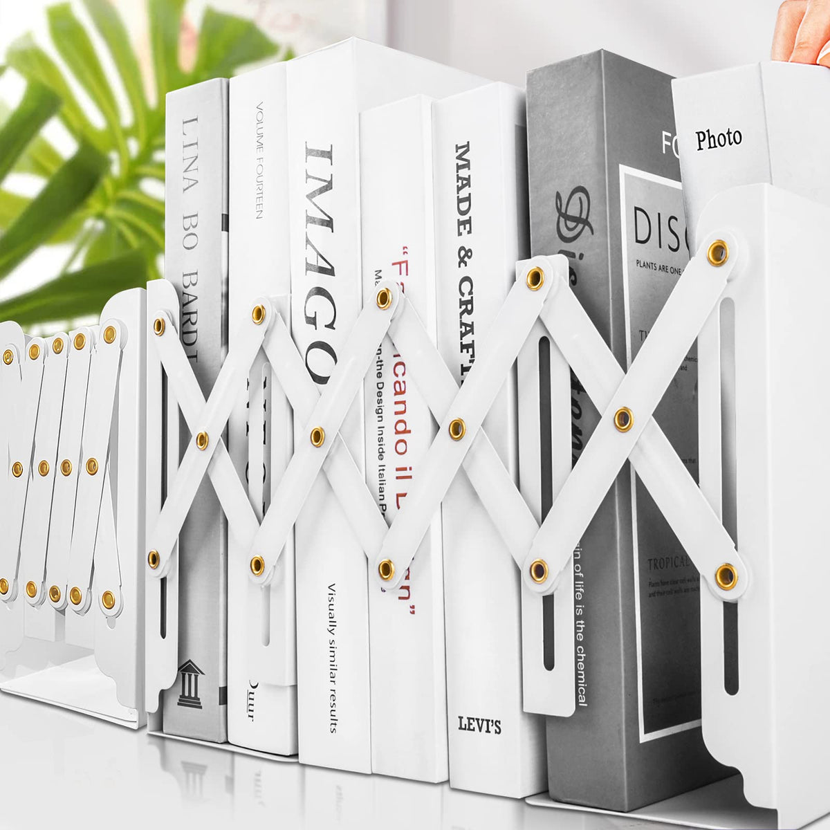 Non Skid Book Ends to Hold Books, Carooyac Heavy Duty Bookends Adjustable Book End, Metal Bookends for Shelves, White Book Holders Organizer for Bookshelf Desk - Extends up to 19"