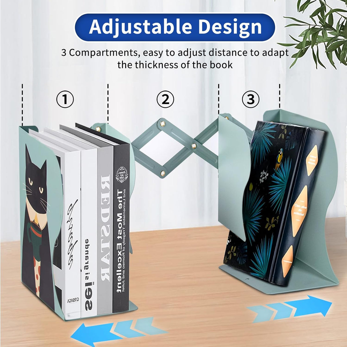 Cat Bookends, Adjustable Metal Book Ends for Shelves Decorative Gift