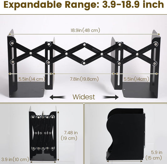 2 Pack Adjustable Bookends for Heavy Books - Expandable Book Ends to Hold Books Heavy Duty, Metal Book Organizer with Anti-Slip Design for Shelves, Desk & Office (Black)
