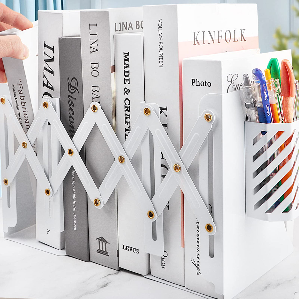 Heavy Duty Book Ends to Hold Books with Pen Holder, Adjustable Bookends, Metal Book Ends for Shelves, Black Book Holders Binder Organizer for Bookshelf Desk - White